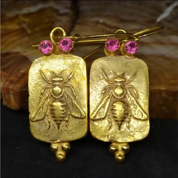 Gold Bee Pink Rhinestone Earrings | Gold Bee Earrings Anthro Vibes 🐝 FreeW/35 - Picture 9 of 13
